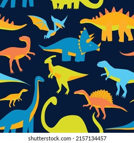 Bright seamless black background with dinosaurs. Cartoon dinosaurs. Pattern with cartoon dinosaurs. Children's fabric. Wallpaper for boys.