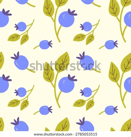 Bright seamless blueberry pattern. Repeating design with blueberries and leaves. Perfect for packaging, summer textiles, kitchen curtains, jam labels, and farm market decorations. Vector illustration
