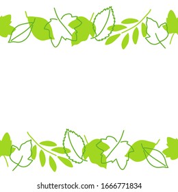 Helle nahtlose Grenze von Frühlings- oder Sommerblättern. Silhouetten und Konturen von grünen Pflanzen.  Handgezeichnete Vektorillustration. Für Postkarten, Einladungen und andere. Textbereich