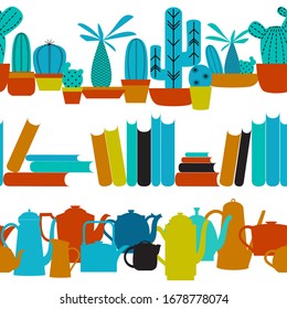 Bright seamless borders. Banner design element. Vector illustration. Collection of potted flowers, books, tea pots. Divider; frieze .
