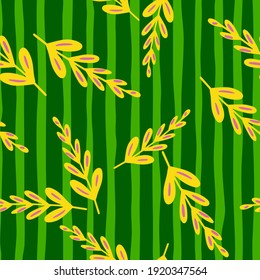 Bright seamless botanic pattern with random yellow branches ornament. Green striped background. Perfect for fabric design, textile print, wrapping, cover. Vector illustration.