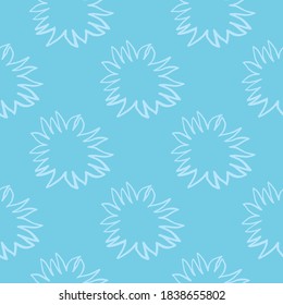 Bright seamless cartoon minimalistic pattern with sun silhouettes white ornament. Star shapes on blue background. Perfect for fabric design, textile print, wrapping, cover. Vector illustration.