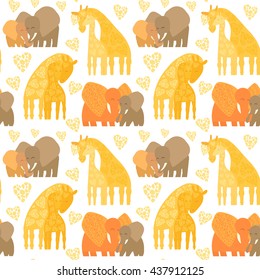 Bright seamless cartoon pattern background with elephants and giraffe. Mother and baby animal
