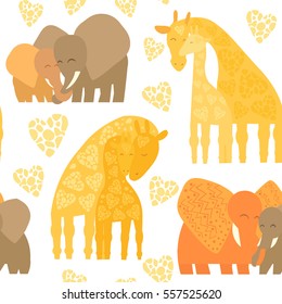 Bright seamless cartoon pattern background with elephants and giraffe. Mother and baby animal