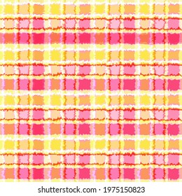 Bright seamless checkered pattern in tie dye style. Design of casually dyed stripes, print in vibrant pinks and yellows. Fashionable and glamorous decoration of any of your bold advertising projects.