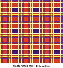 Bright seamless checkered texture in orange, violet and yellow hues, vector as a fabric texture