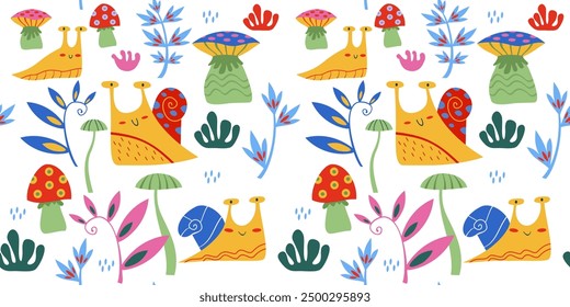 Bright seamless childish pattern: snails, plants and mushrooms. Vector hand drawn illustration for fabric.