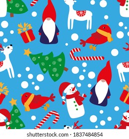 Bright seamless Christmas New Year background with gnome, deer, fir trees, gifts, staff on a blue background. Isolated objects. Festive vector illustration for fabric, wallpaper, clothing, covers, pac