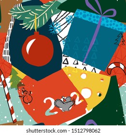 Bright seamless christmas pattern. 2020 is the year of the rat. Collage. Vector illustration