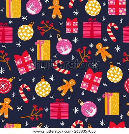 A bright seamless Christmas pattern with a gingerbread man, gift box, lollipop, and ornament. A festive background for textiles and wrapping paper. Vector.