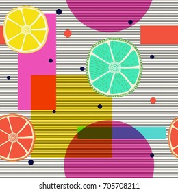 Bright seamless citrus pattern. Fresh fruits and geometric forms. 