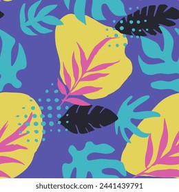 Bright Seamless Classic Tropic Leaves Wallpaper. Purple Repeated Contemporary Organic Fabrics, Seamless Pattern. Light Continuous Fashion Tree Artwork Print. 