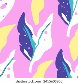 Bright Seamless Color Isolated Fabrics Pattern. Pink Repetitive Nature Organic Paint, Seamless Texture. Green Endless Classic Palm Element Backdrop. 