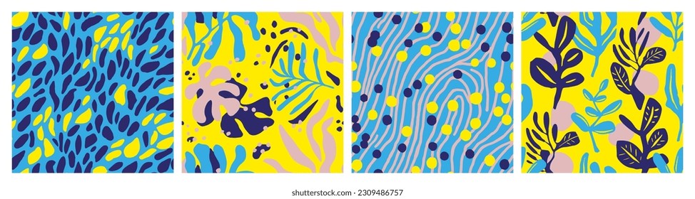 Bright Seamless Color Jungle Surface Vector. Colorful Repeated Summer Branch Scribble, Seamless Collection. Vivid Seamless Decoration Organic Lines Set. 