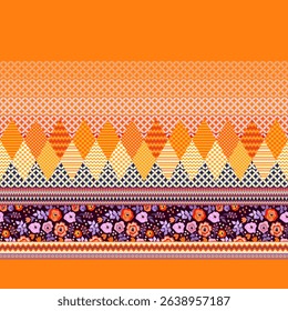 Bright seamless colorful fabric print with diamond-shaped patches and decorative floral horizontal border. Beautiful fashionable pattern.