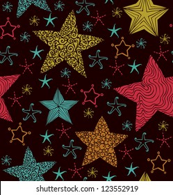 Bright seamless colorful starry pattern. Endless festive texture with cartoon stars. Template for design and decoration