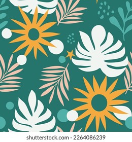 Bright Seamless Contemporary Bloom Surface Backdrop. Hippie Endless Creative Palm Style, Seamless Design. Vivid Seamless Decoration Flora Decor Print. 