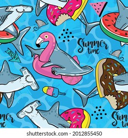 Bright seamless cool summer pattern with sharks. print for T-shirts, textiles, wrapping paper, web. Original design with shark   .  grunge design for boys and girls
