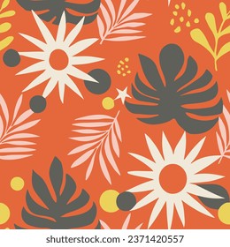 Bright Seamless Creative Fresh Decor Print. White Endless Fashion Plant Leaves, Seamless Pattern. Green Repeated Contemporary Palm Surface Texture. 