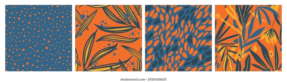 Bright Seamless Creative Trendy Invitation Print. Purple Repetitive Abstract Tropic Surface, Seamless Backdrop. Orange Endless Contemporary Isolated Ornament Collection. 