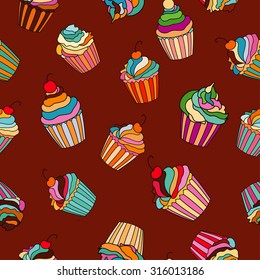 Bright seamless decorative background with sweet cupcakes