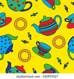 Bright seamless decorative background with teapots, cups, bagels and sweets