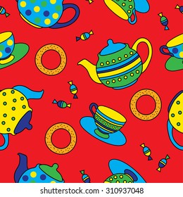Bright seamless decorative background with teapots, cups, bagels and sweets