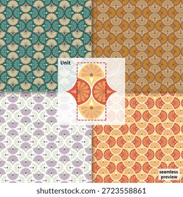 Telha decorativa sem emenda brilhante com motivos de fatia cítrica e simetria inspirada em pétalas para uso em têxteis e embalagens