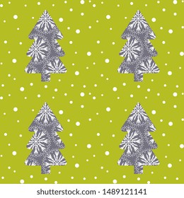 Bright seamless design with gray Christmas trees and snowflakes on a yellow background, handmade, artistic. Vector winter illustration.
