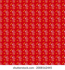Bright seamless design with white Christmas trees with stars on a red background. Vector festive illustration for hoop, surface, packaging, postcards.