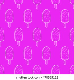 Bright seamless doodle eskimo pie pattern, hand-drawn ice-cream pink background, ice-cream vector, for cards, invitations, food design, EPS 8