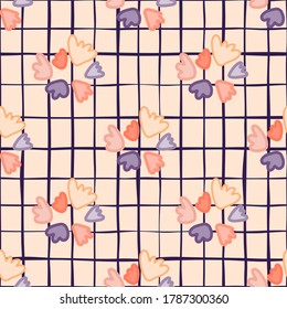 Bright seamless doodle pattern with flower shapes. Pastel pink background with check. Colorful elements. Great for wrapping paper, textile, fabric print and wallpaper. Vector illustration.