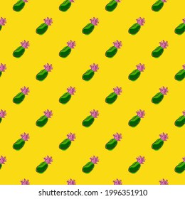 Bright seamless doodle pattern with green and pink colored pineapples ornament. Yellow background. Decorative backdrop for fabric design, textile print, wrapping, cover. Vector illustration.