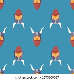 Bright seamless doodle pattern with kids boy norway viking man. Blue background. Decorative backdrop for fabric design, textile print, wrapping, cover. Vector illustration