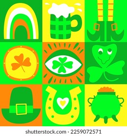 Bright seamless doodle pattern for St Patrick's Day. Trippy style. Celebration of Irish holiday in national colors. Background for wrapping, textile, apparel. Trendy y2k retro hippie print. Vector