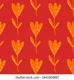 Patrón de doodle impecable brillante con siluetas de flores de verano. Fondo rojo. La naturaleza dibujada a mano. Ilustración vectorial para impresiones textiles estacionales, tela, carteles, telas de fondo y papel pintado.