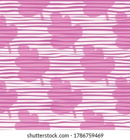 Bright seamless doodle pattern with tree leafs in pink color. White background with strips. Simple naive backdrop. For wallpaper, wrapping paper, textile print, fabric. Vector illustration.