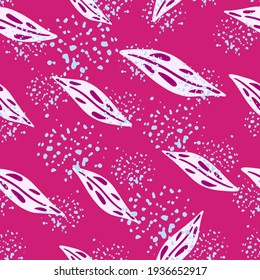 Bright seamless doodle pattern with white doodle leaf silhouettes. Pink background with splashes. Decorative backdrop for fabric design, textile print, wrapping, cover. Vector illustration.