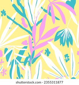Bright Seamless Elegant Isolated Element Print. Purple Repeated Nature Tree Illustration, Seamless Texture. Yellow Seamless Contemporary Tropic Lines Vector. 