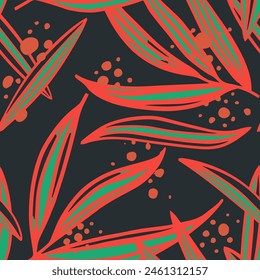 Bright Seamless Elegant Trendy Artwork Art. Orange Endless Doodle Simple Watercolor, Seamless Print. Green Repetitive Classic Tree Element Texture. 