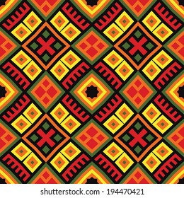 bright seamless ethnic pattern background in red, green, orange, yellow and black colors. 