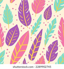 Bright Seamless Exotic Feathers Decor Background. Vibrant Repetitive Summer Quill Style, Seamless Design. Light Seamless Fresh Plumage Fabrics Texture. Feathers