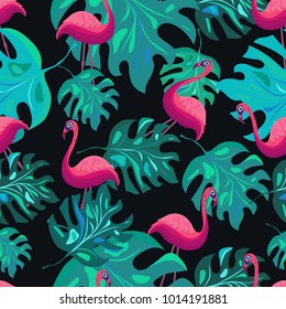 Bright seamless exotic pattern with pink flamingos and tropical leaves, design for textile texture, wrapper, paper