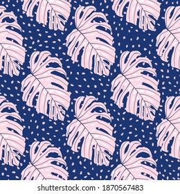 Bright seamless exotic pattern with pink monstera silhouettes. Navy blue dotted background. Great for fabric design, textile print, wrapping, cover. Vector illustration.