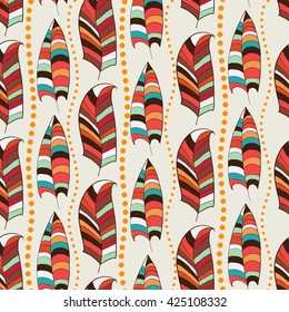 Bright seamless with feathers. Seamless pattern with colorful feathers. For website design, print on paper, fabrics, wallpaper. Stock vector