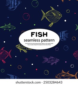 Bright seamless fish pattern on the dark background with colourful fish. Good for print. Pattern for boys and girls. Swimsuit pattern