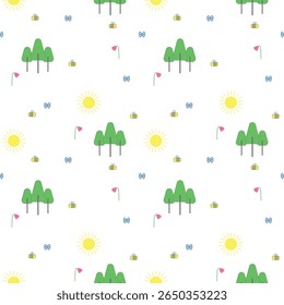 Bright seamless flat vector pattern featuring trees, bees, butterflies, flowers, and sun on white background. Ideal for spring and summer designs, eco illustrations, kids fabric, wrapping paper, natur