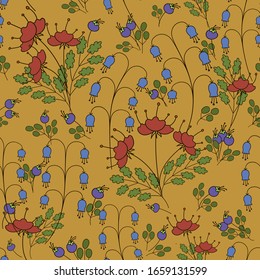 Helles, nahtloses Blumenmuster. Stoffdesign mit kleinen roten und blauen Handblumen auf Senfhintergrund. Vektorillustration, handgezeichnet, niedlich, wiederholt, für Gewebe, Tapete oder Wrackpapier