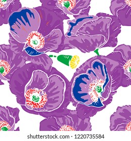 Bright seamless floral pattern. Beautiful and big poppy flower buds on a white. Abstract hand drawn vector background