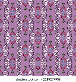 Patrón floral brillante sin fisuras al estilo damasco. Resumen de flores, hojas y remolinos. Ideal para decorar telas, textiles, diseño de envoltura de regalo, cualquier material impreso, incluida la publicidad.